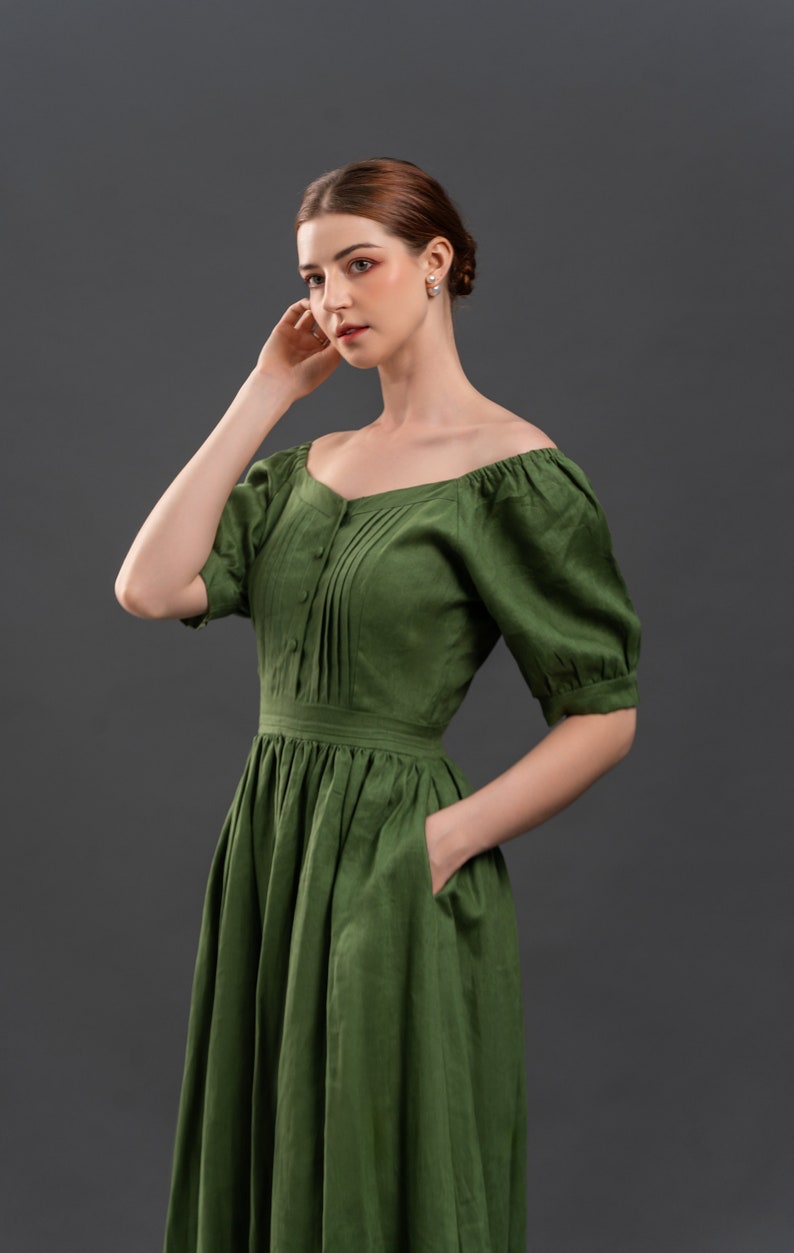 Cottagecore Linen Dress MALTA Romantic Green Maxi Dress Long Linen Dress Handmade to Order image 7