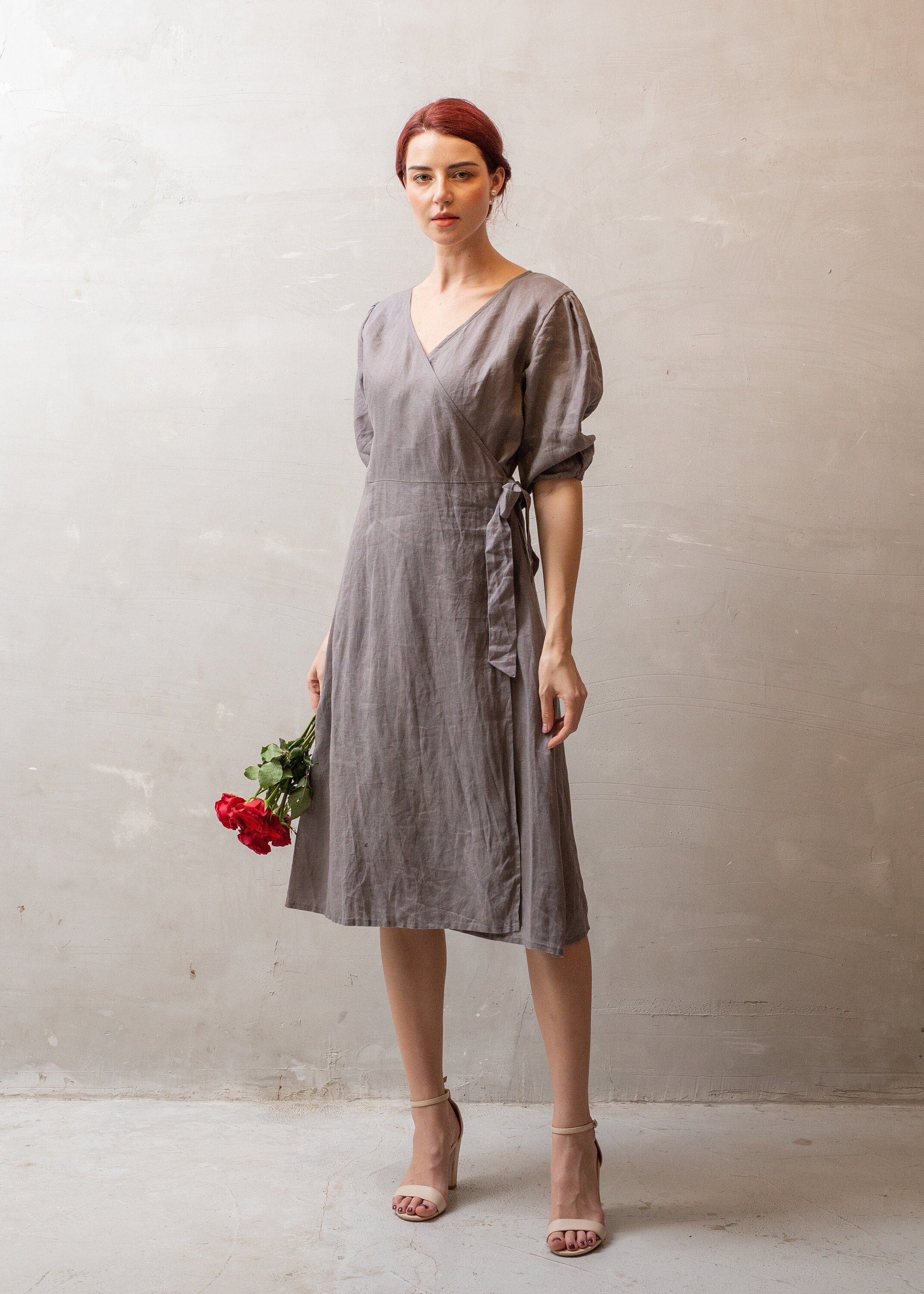 grey tea length dress Ever-Pretty Charming Short Sleeves V-Neck Midi Dress with Floral Applique main image 1