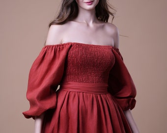 Linen Dress SWEET, Reversible Cottagecore Dress, Off Shoulder, Fit And Flare Dress, Linen Summer Dress, Linen Wrap Dress, Smocked Dress