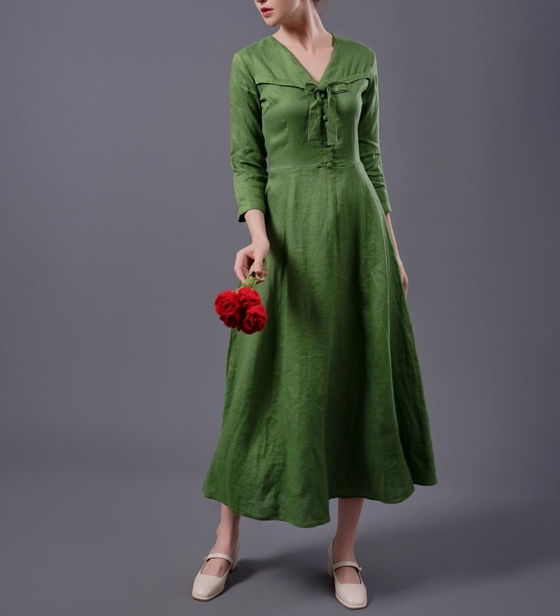 Vintage Linen Dress OHIO, Vintage Green Linen Dress, Long Sleeves Linen Dress, Classic dress, Linen Clothing for Women image 1