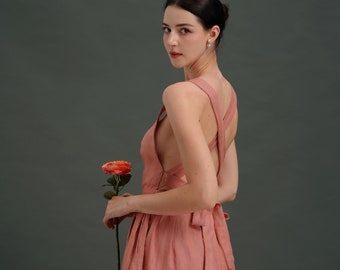 Linen Pinafore CYPRUS, Crossed back linen dress, Summer Linen Dress, Linen midi dress, Bridesmaid dress, Open back linen dress