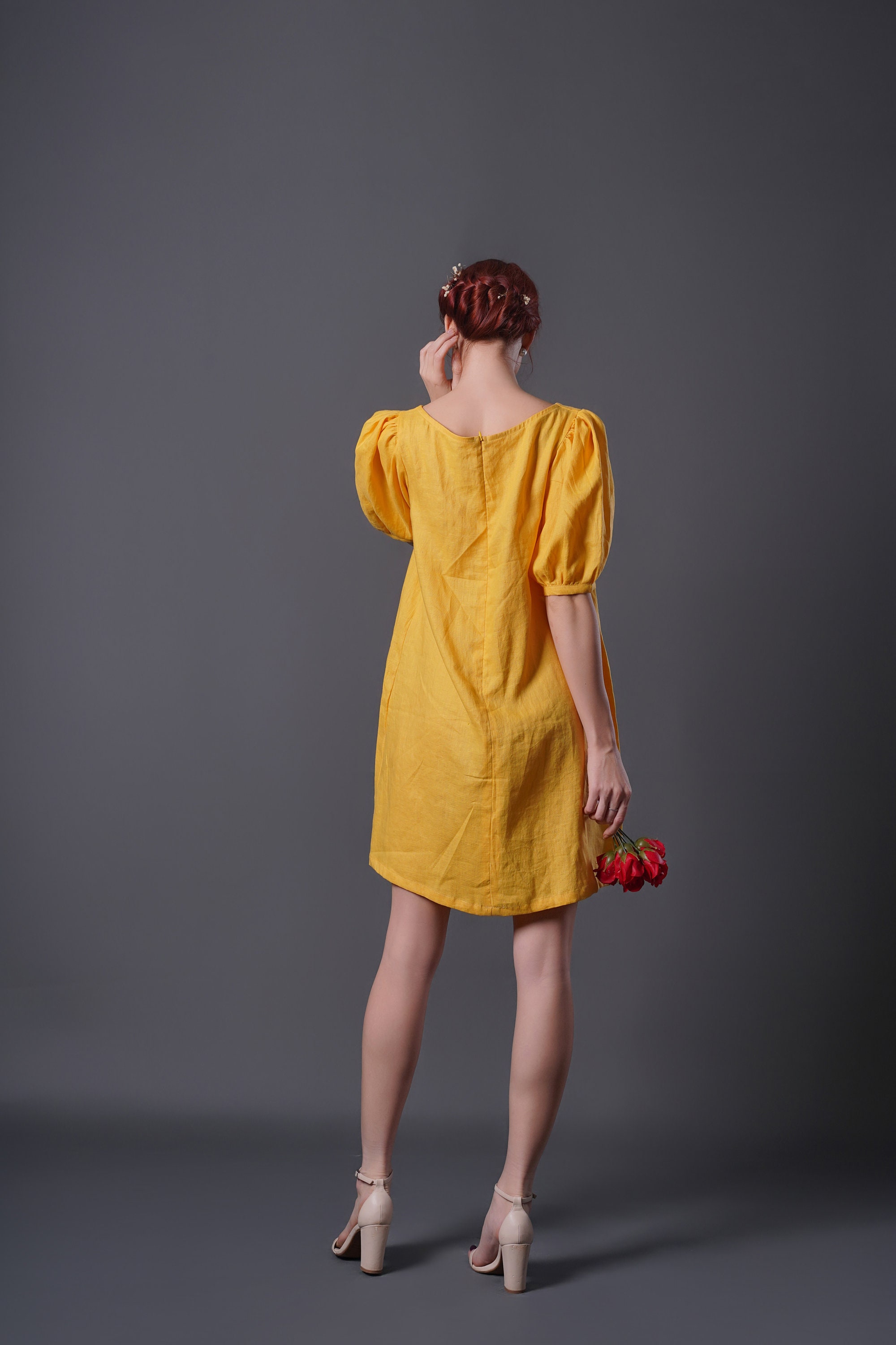 Linen Summer Dress Puffed Sleeve AMANDA Yellow Linen Dress Etsy