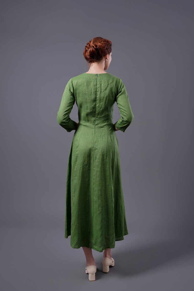 Vintage Linen Dress OHIO, Vintage Green Linen Dress, Long Sleeves Linen Dress, Classic dress, Linen Clothing for Women image 5