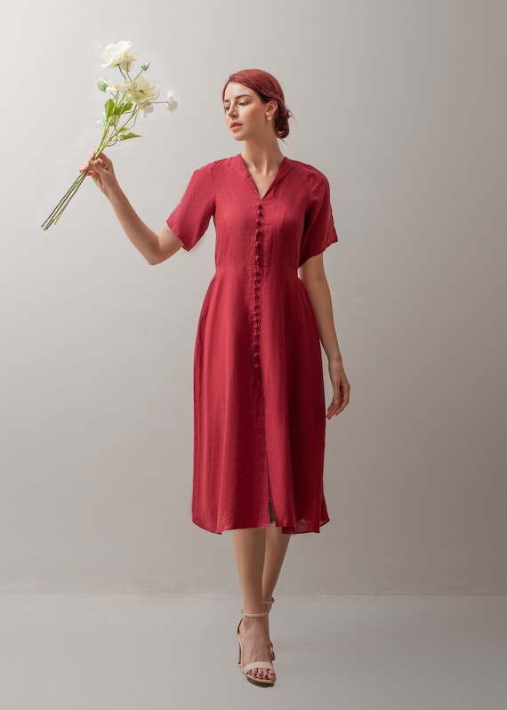 a line dress workwear Vhkiploz Summer A-Line Dress For Women'S Half-Button Mid-Length Dress Solid Color V-Neck Outwear Tunic Dress Short Sleeve Workwear T-Shirt Dress