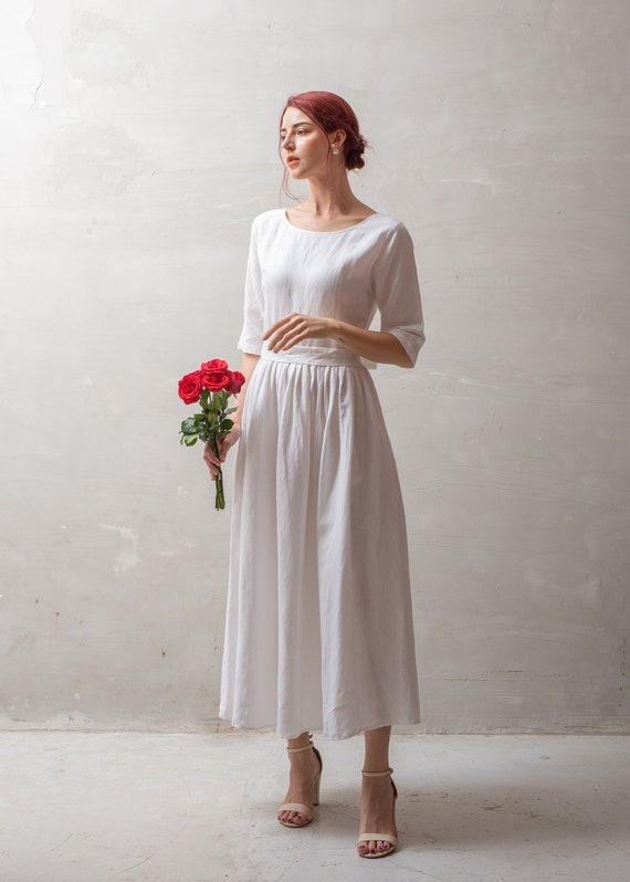 knee length dresses for ladies Minimalist Crepe Modest A-Line Long Sleeve Wedding Dress Debora Made to Order / Ivory / Custom (Plus Size) main image 0
