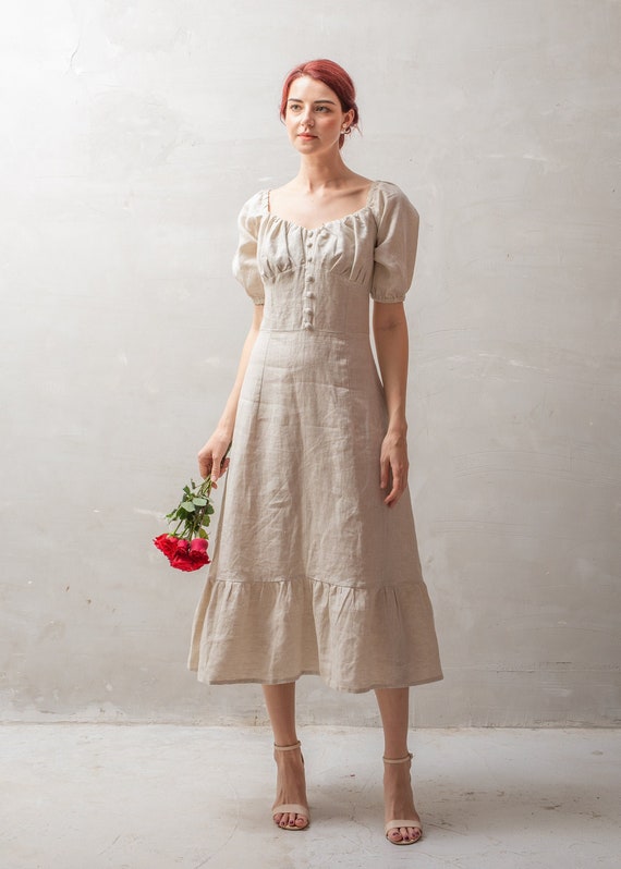 Linen Dress LYON, Midi Linen Dress, Vintage Linen Clothing, Handmade dress, Linen Summer dress, Linen Clothing, Puffed sleeves dress