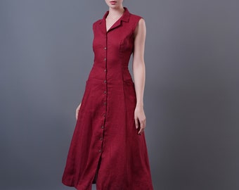Button Down Linen Dress HELEN, Collar Linen Dress, Summer Autumn Dress, Sundress, Sleeveless Linen Dress, Mid Calf Dress, Xmas Gift
