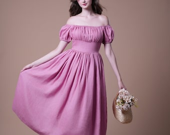 Linen Dress LOLITA, Cottagecore Dress, Off The Shoulder 1950s Fashion, Peasant Dress, Romantic Linen Dress, Linen Midi Dress, Retro dress.