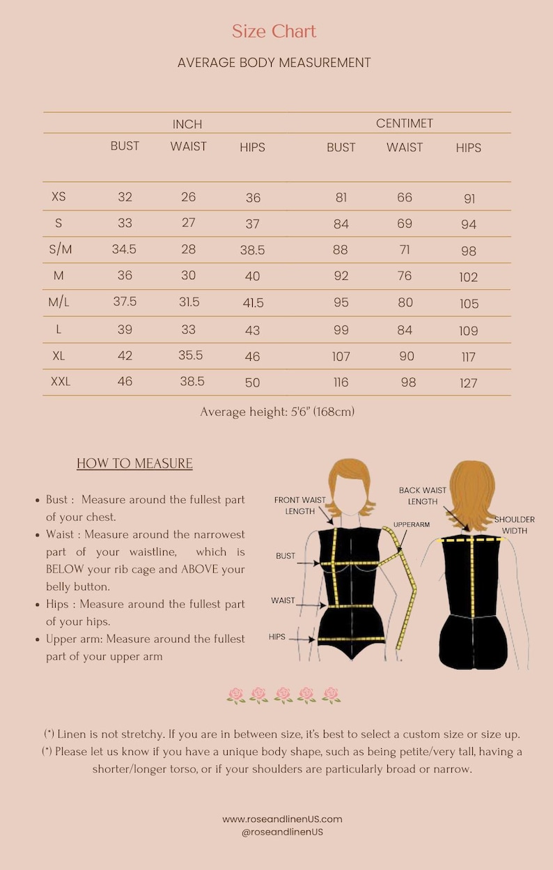 Op de afbeelding: Maattabel voor kleding met metingen in inches en centimeters. De tabel toont borst-, taille- en heupmaten voor maten XS tot XXL. De tabel bevat ook een diagram dat laat zien hoe deze lichaamsdelen worden gemeten.