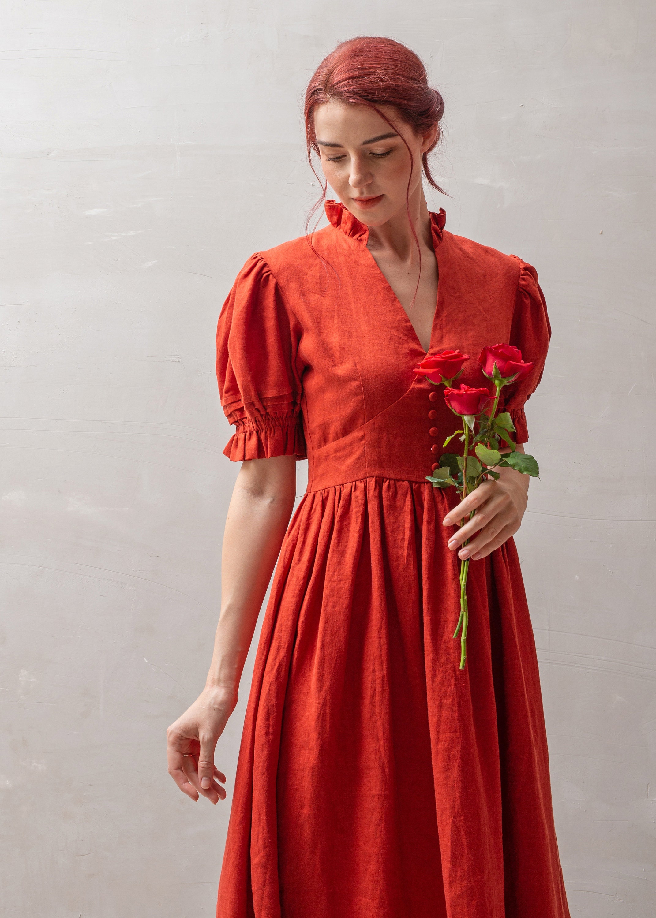 Linen Dress KARA, Cottagecore Linen Dress, Red Linen Dress, Linen Summer Dress, Romantic Linen Dress, Maxi Linen Dress