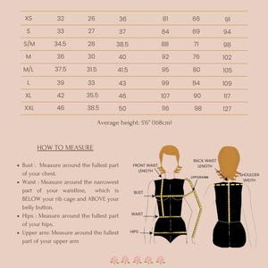 Puede incluir: Tabla de tallas para ropa con medidas en pulgadas y cent&iacute;metros. La tabla muestra las medidas de busto, cintura y cadera para las tallas XS a XXL. La tabla tambi&eacute;n incluye un diagrama que muestra c&oacute;mo medir estas partes del cuerpo.