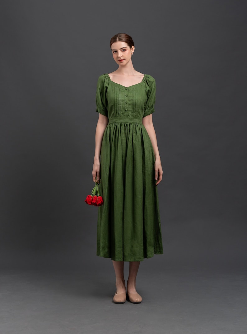 Cottagecore Linen Dress MALTA Romantic Green Maxi Dress Long Linen Dress Handmade to Order image 3