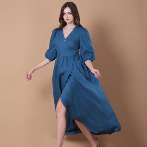 Wrap Linen Dress GASCA2, Midi Linen dress, Women Linen Clothing, Close fitting dress, Fit and Flare dress, bridesmaid dress