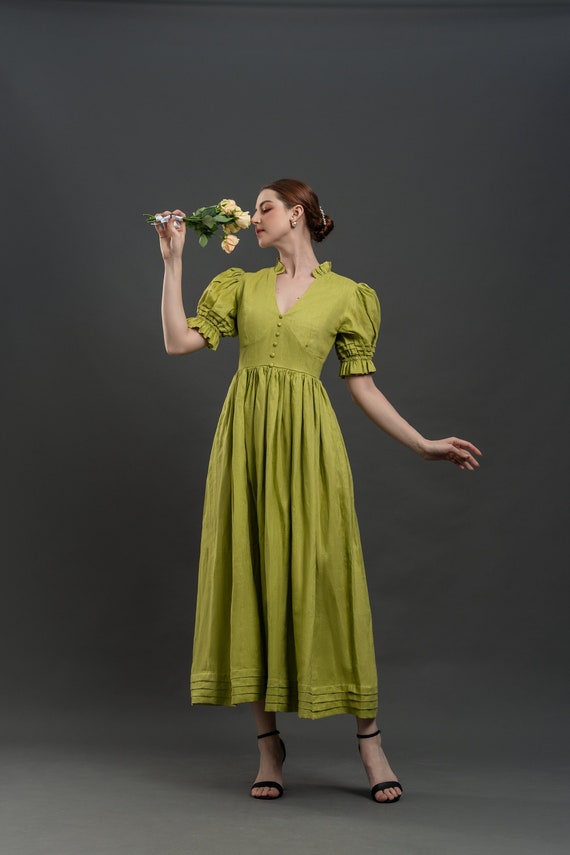 Linen Dress KARA, Cottagecore Linen dress, Green Linen dress, Linen Summer dress, Romantic Linen dress, Maxi Linen dress, Valentine Dress