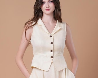 Linen vest SANDRA, Women Linen Vest Top, V-neck Linen Waistcoat, Button Linen Vest, Fitted Linen Top, Linen Tank Top, Sleeveless Linen Top