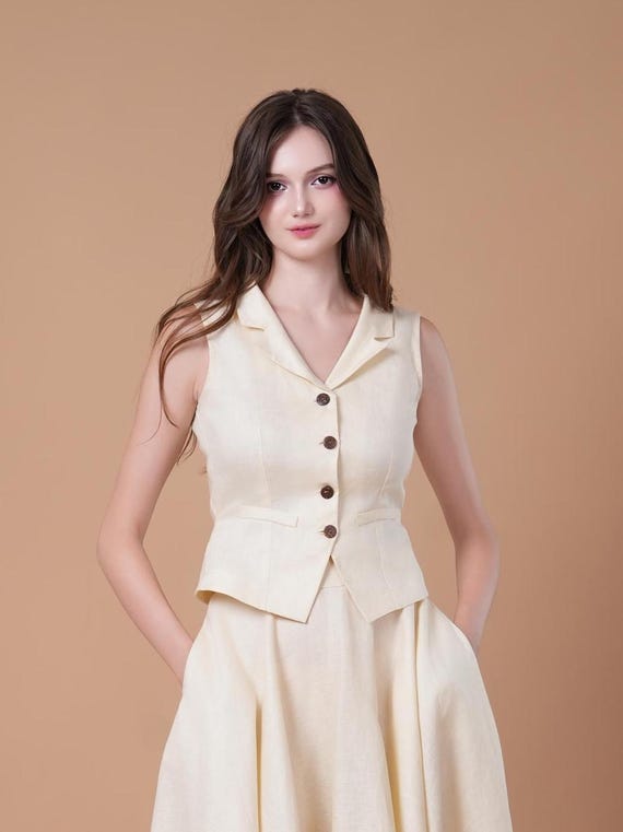 ladies dress vest tops Linen SANDRA, Women Linen Vest Top, V-neck Linen Waistcoat, Button Linen Vest, Fitted Linen Top, Linen Tank Top, Sleeveless Linen Top 20260629_JULY4