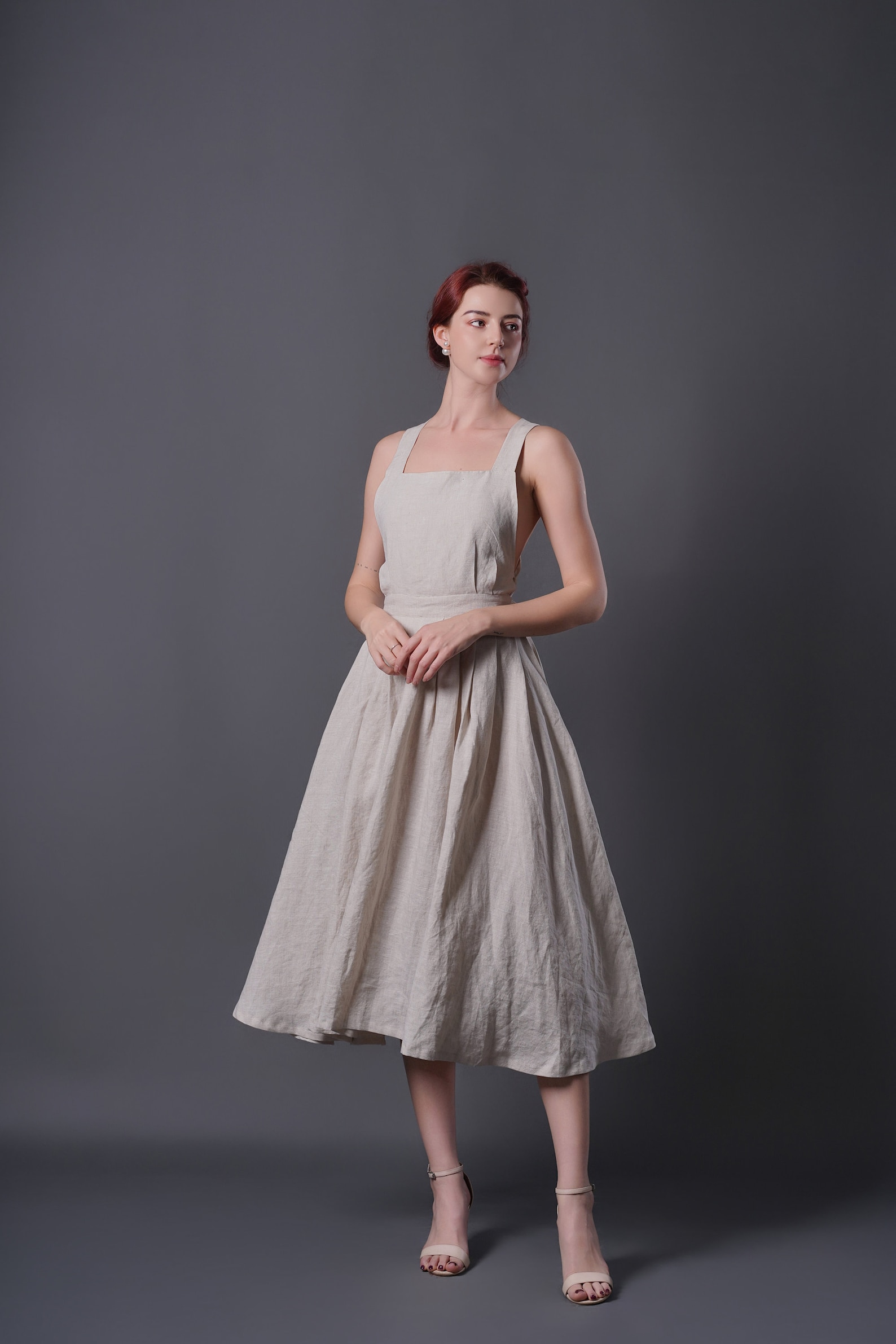Lace-up back linen dress OCELIA