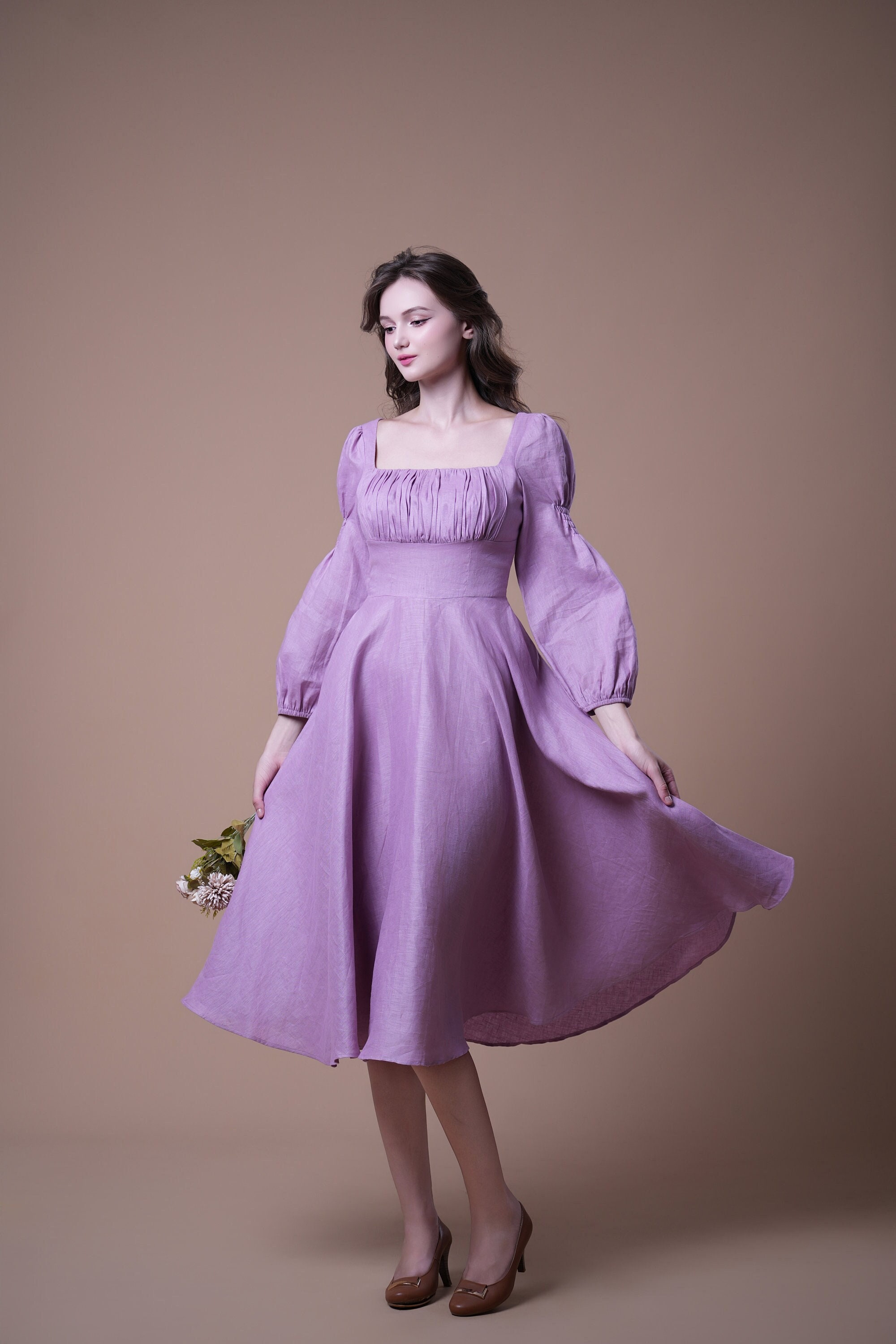 lyocell denim dress Gathered Waist Stretch Women Midi Color:Bittersweet Short cap sleeves girls out Louis Vuitton Brown presbyopic