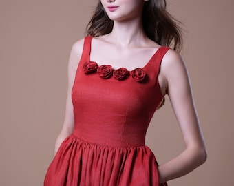 Linen Dress ROSE, Cottagecore Dress, Fit And Flare Dress, Linen Summer Dress, Adjustable Linen Dress, Smocked Dress
