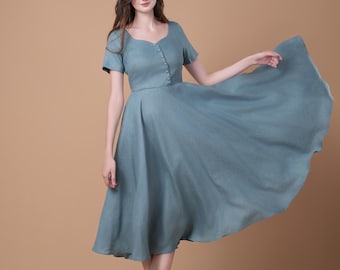 IRENA Linen Dress 1950s, Vintage Inspired Dress, Summer Linen Dress, Custom Made Wedding Guest Dress, Workwear Linen CLothing