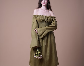 Linen Dress SWEETIE, Reversible Cottagecore Dress, Off Shoulder, Fit And Flare Dress, Linen Summer Dress, Linen Wrap Dress, Smocked Dress