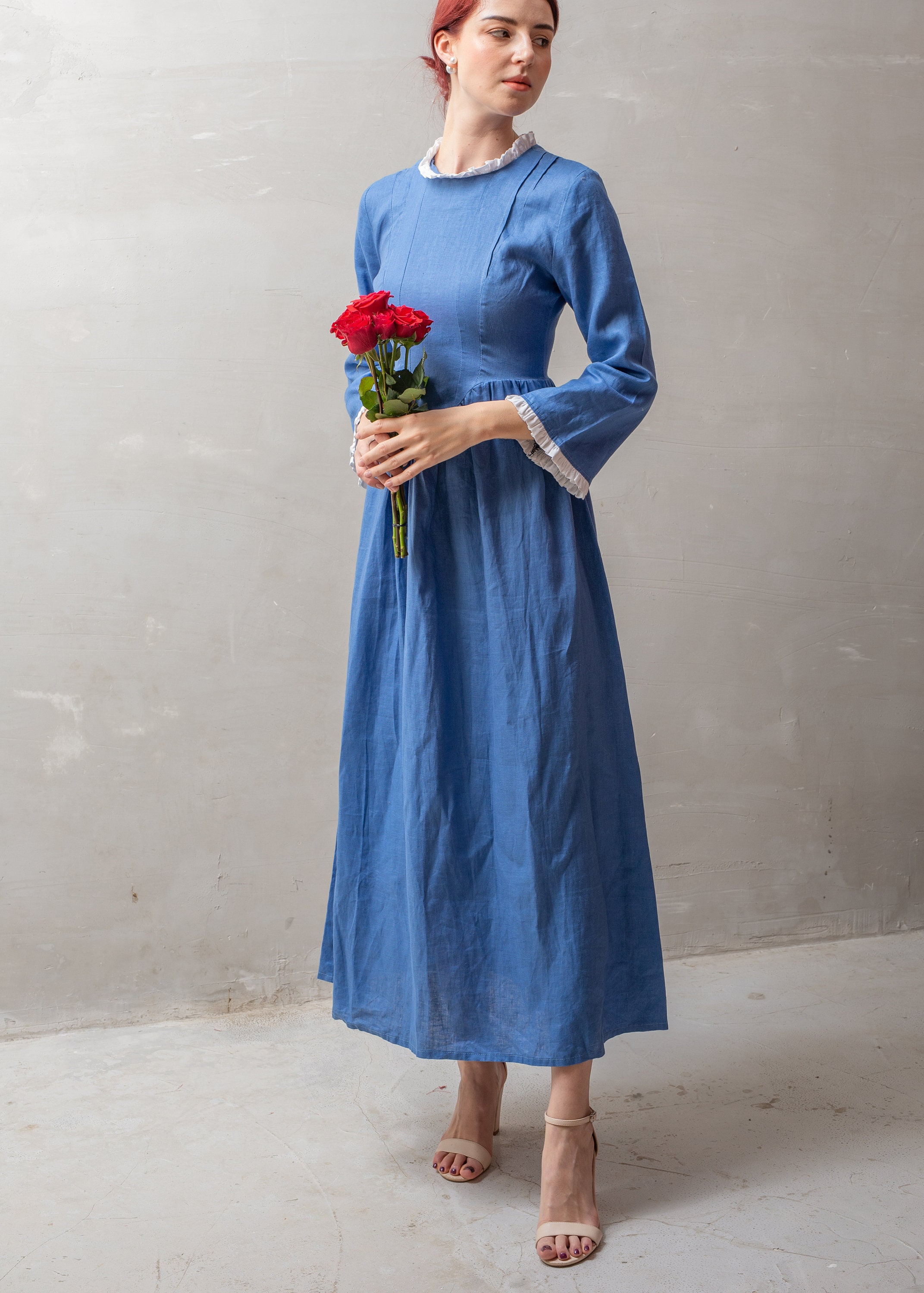 Vintage Linen Dress CRYSTY Blue Linen Dress Long Sleeves Etsy