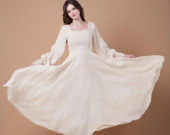 Linen Dress ROMA, CottageCore Dress, Long Sleeves Gown, Victorian Dress, Form Fitting Dress, Evening Dress, Simple Wedding Dress