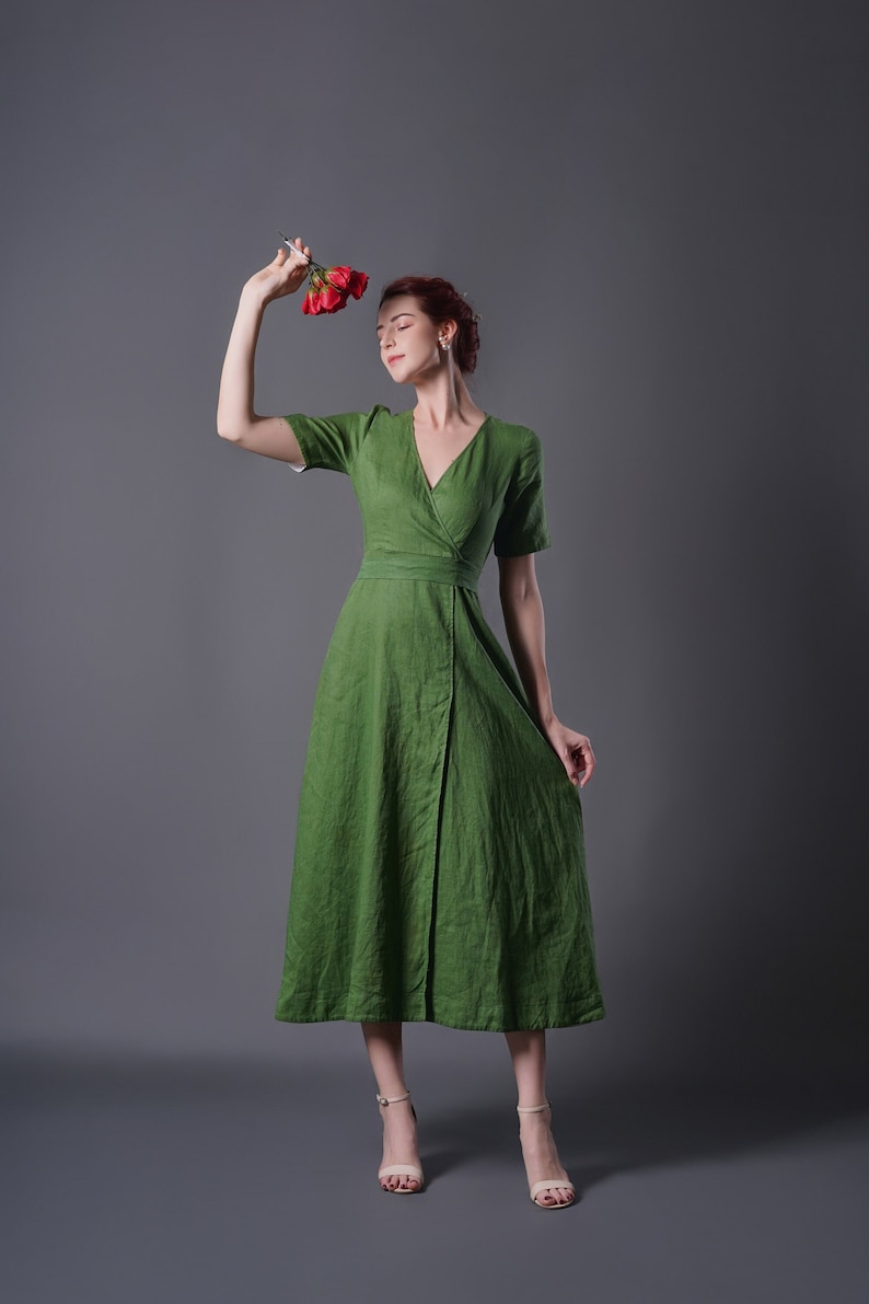 Linen Wrap Dress ALTA, Vintage Linen Dress, Green linen dress, Summer Dress, Cocktail dress, Linen Midi Dress, Plus size Dress image 1
