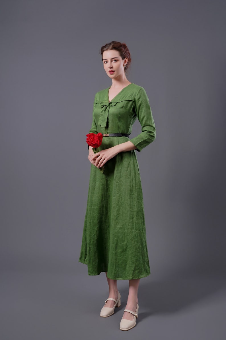 Vintage Linen Dress OHIO, Vintage Green Linen Dress, Long Sleeves Linen Dress, Classic dress, Linen Clothing for Women image 3