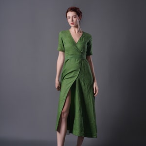 Linen Wrap Dress ALTA, Vintage Linen Dress, Green linen dress, Summer Dress, Cocktail dress, Linen Midi Dress, Plus size Dress image 2