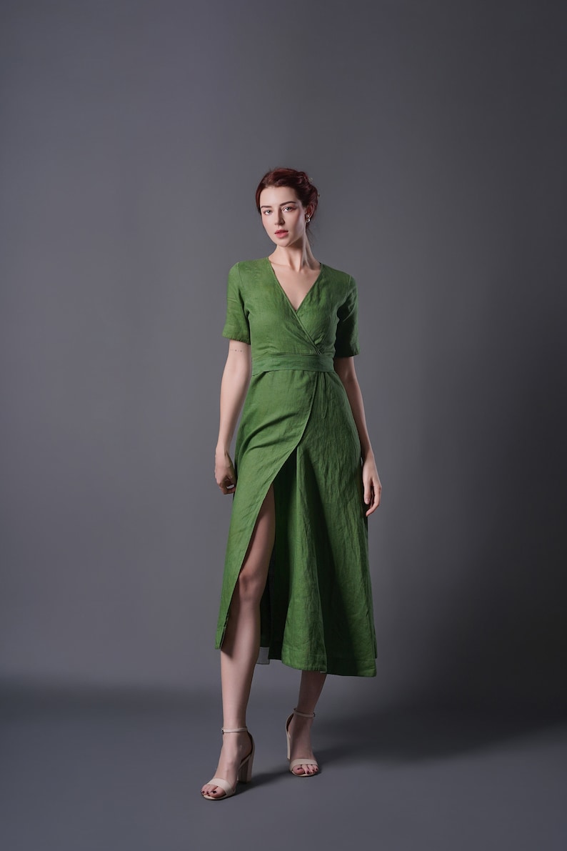 Linen Wrap Dress ALTA, Vintage Linen Dress, Green linen dress, Summer Dress, Cocktail dress, Linen Midi Dress, Plus size Dress image 2