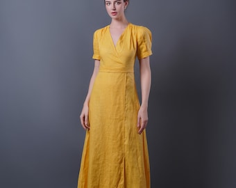 Linen Wrap Dress LEMON, Vintage Linen Dress, Yellow linen dress, Autumn Linen Dress, Cocktail dress, Linen Maxi Dress, Plus size Dress