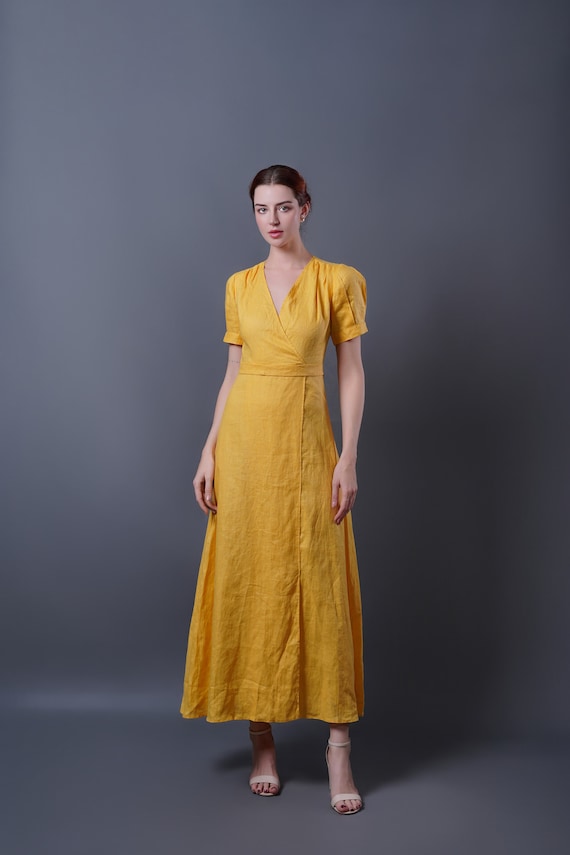 Linen Wrap Dress LEMON, Vintage Linen Dress, Yellow Linen Dress, Autumn Linen  Dress, Cocktail Dress, Linen Maxi Dress, Plus Size Dress - Etsy