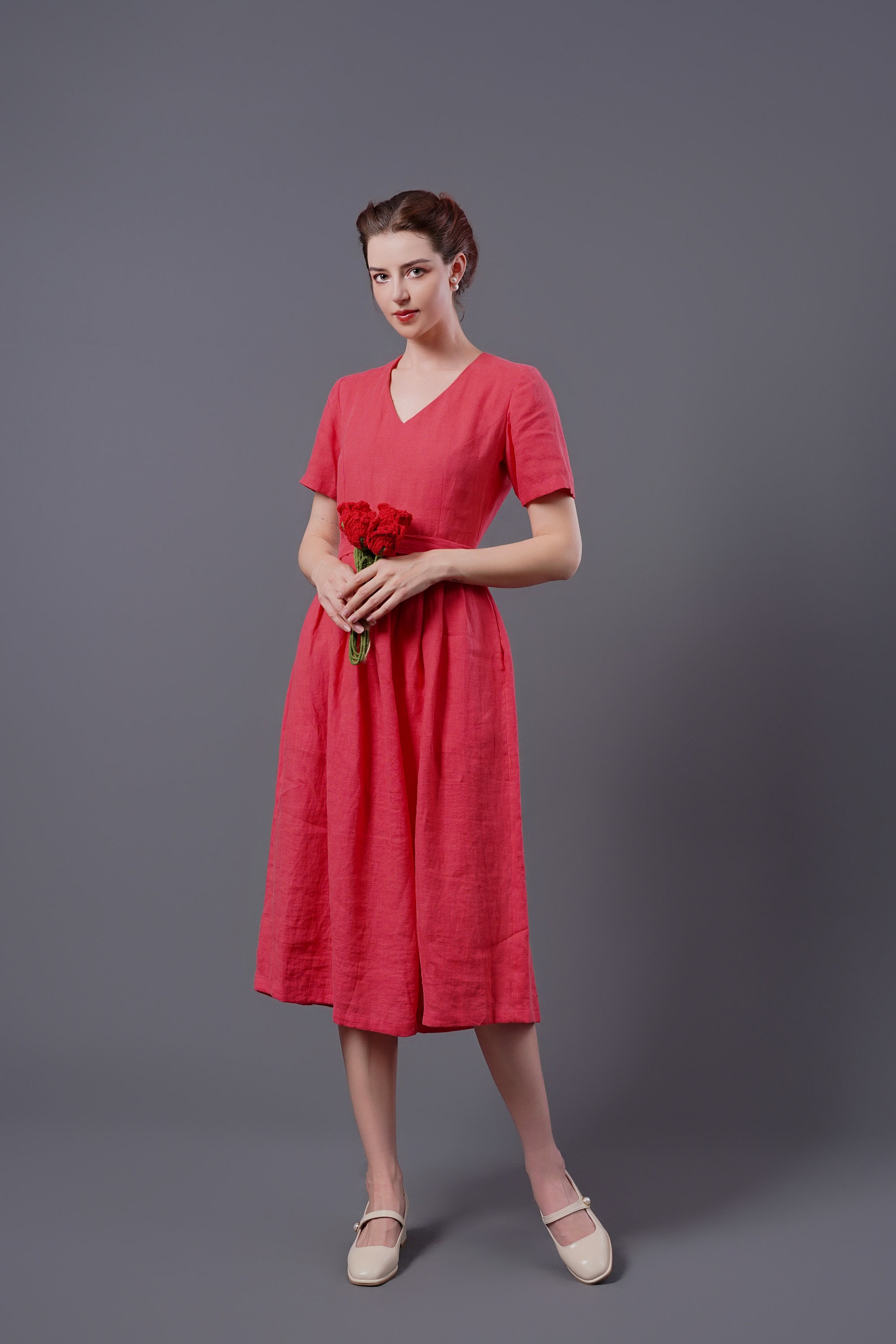 V Neck Linen Dress ELLA Vintage Linen Dress Linen Midi Etsy
