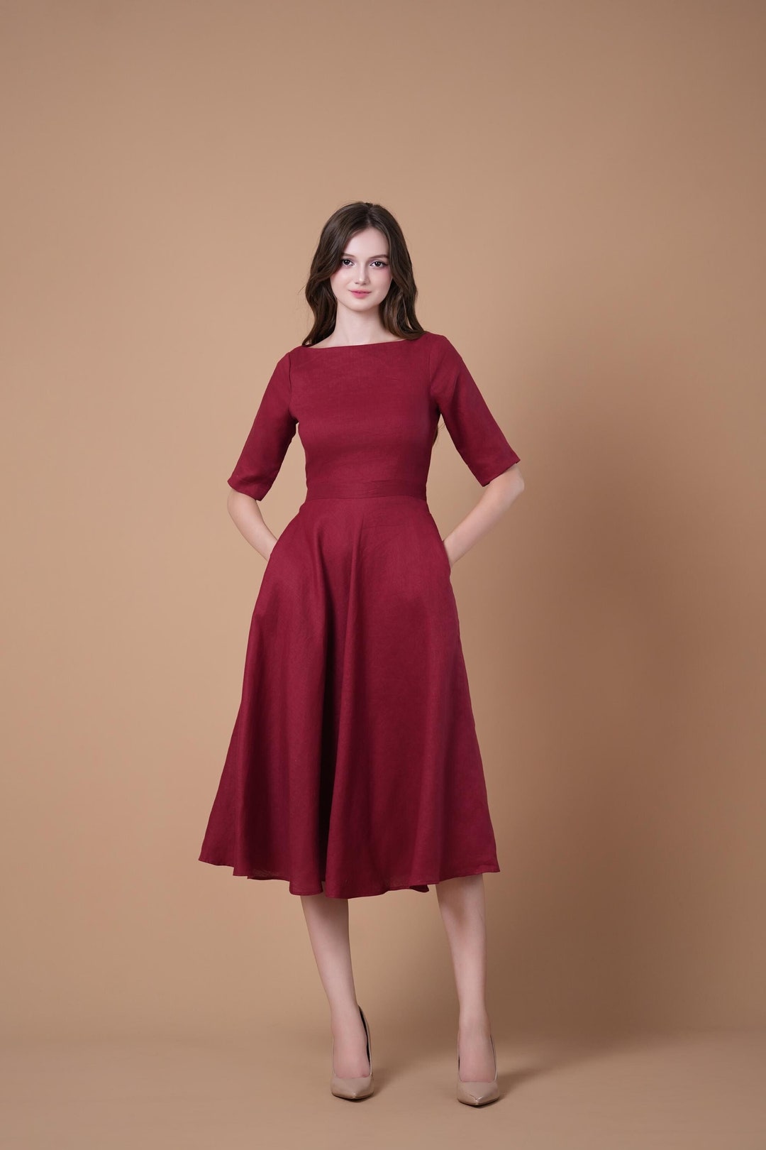 Linen Dress BETH, 1950s Inspired Linen Dress, Half Sleeves, Fit And Flare Dress, Red Linen Dress, Evening Dress, Swing Dress, Linen Gown