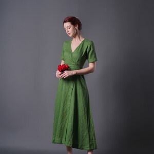 Linen Wrap Dress ALTA, Vintage Linen Dress, Green linen dress, Summer Dress, Cocktail dress, Linen Midi Dress, Plus size Dress image 5