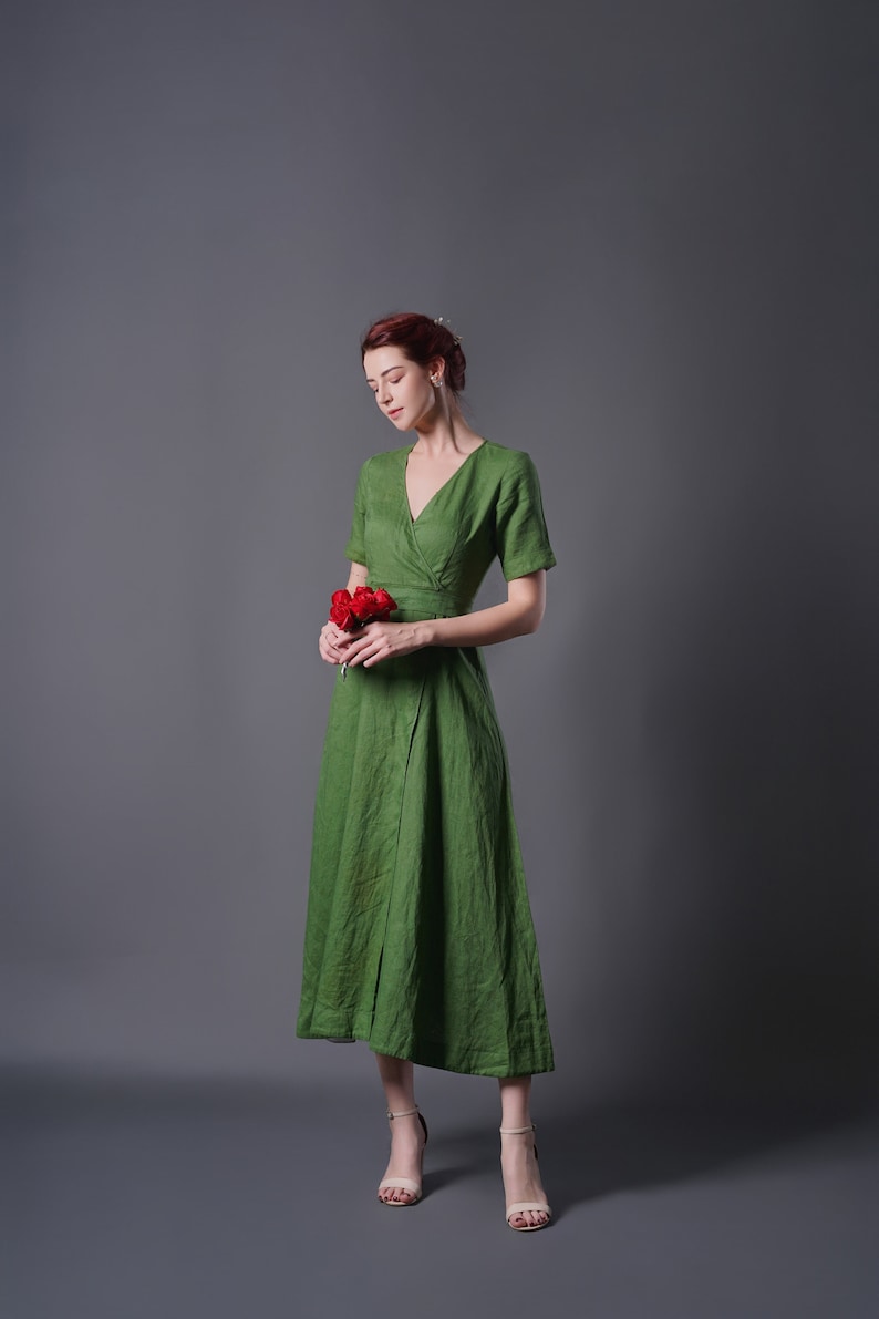 Linen Wrap Dress ALTA, Vintage Linen Dress, Green linen dress, Summer Dress, Cocktail dress, Linen Midi Dress, Plus size Dress image 5