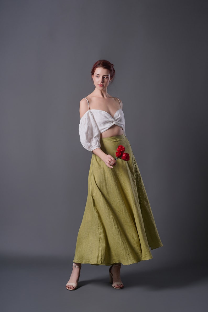 Linen Maxi Skirt GREEN, Summer Linen Skirt with Pockets, Linen Long Skirt, Vintage Linen Skirt, Handmade Linen Clothing image 5