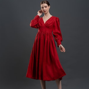 Linen Dress KARAB, Cottagecore Linen Dress, Red linen dress, Linen Summer dress,  Romantic Linen Dress, Maxi linen dress