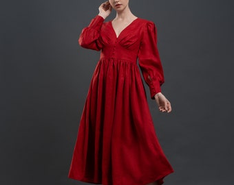 Linen Dress KARAB, Cottagecore Linen Dress, Red linen dress, Linen Summer dress,  Romantic Linen Dress, Maxi linen dress