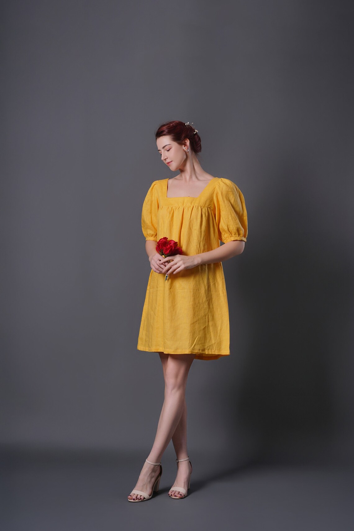 Linen Summer Dress Puffed Sleeve AMANDA Yellow Linen Dress Etsy