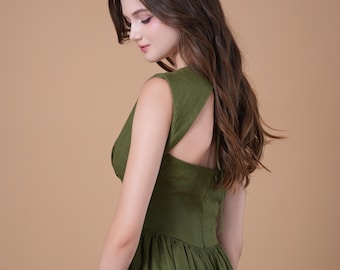 Linen Dress OLIVIA 2, Custom Made Dress, Open back Summer Linen Dress, Green linen dress, Spring dress, Close Fitting Linen Dress For Woman
