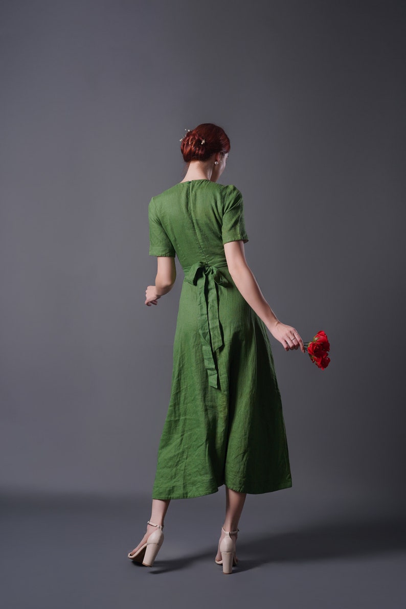 Linen Wrap Dress ALTA, Vintage Linen Dress, Green linen dress, Summer Dress, Cocktail dress, Linen Midi Dress, Plus size Dress image 4