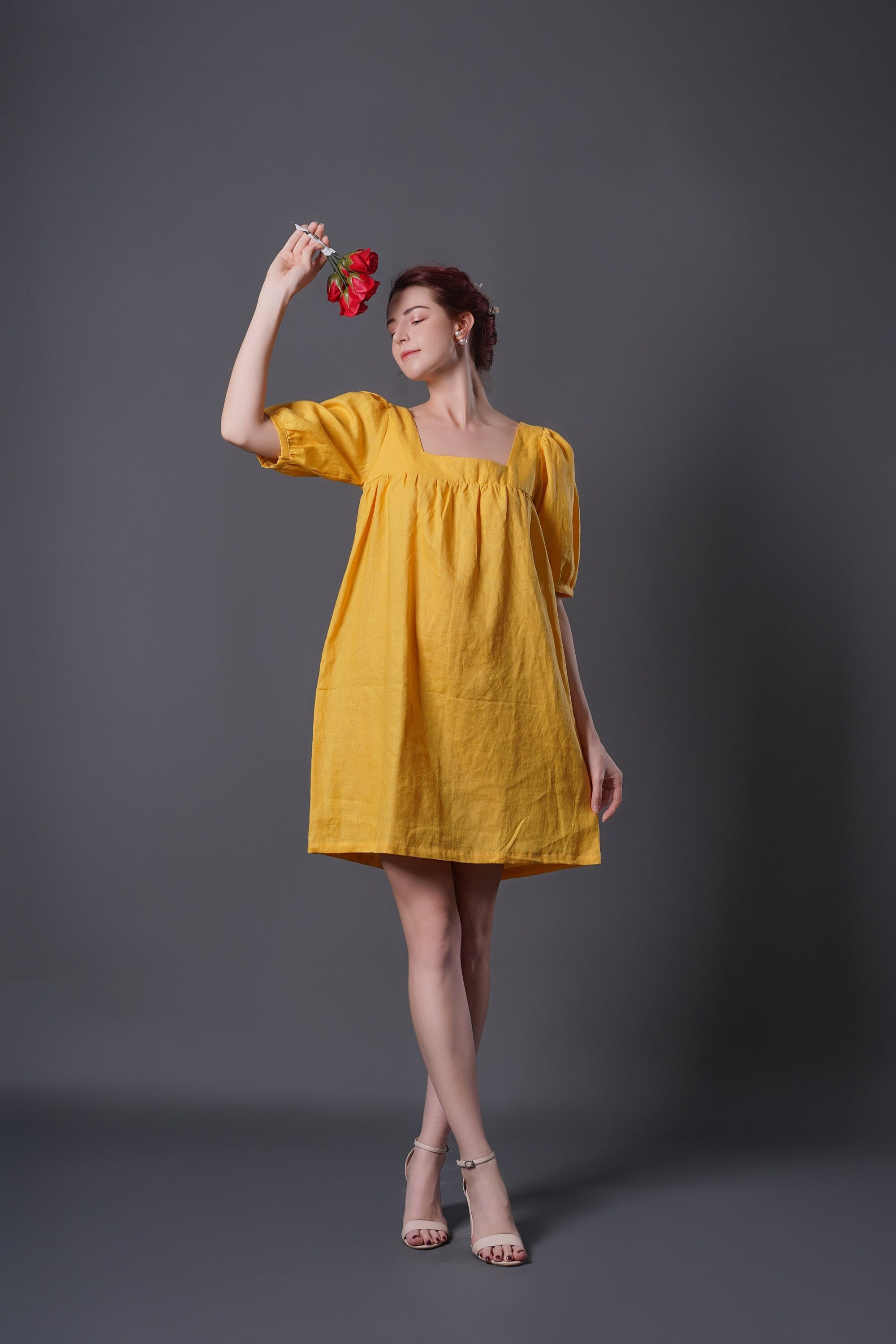 Linen Summer Dress Puffed Sleeve AMANDA Yellow Linen Dress Etsy