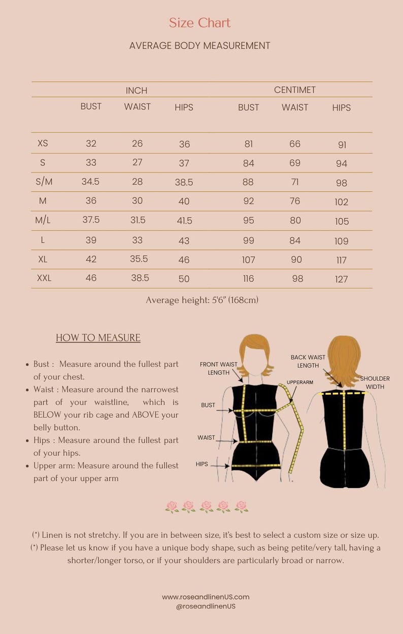 May include: Size chart for clothing with measurements in inches and centimeters. The chart shows bust, waist, and hip measurements for sizes XS to XXL. The chart also includes a diagram showing how to measure these body parts.
