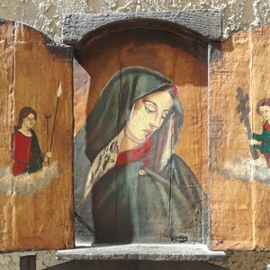 Christian Coptic Orthodox Icons for St. Mary with Angles, One of the most famous Icons, Ancient Icons ( Old Wooden Window ).