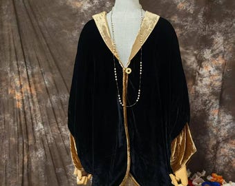 1920s style Black silk velvet cocoon coat, lined with floral cotton, Luxury Gatsby coat