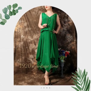 Elegant Double-Layer Silk Dress in Atonement Green，1920s style green dress, flapper silk green dress