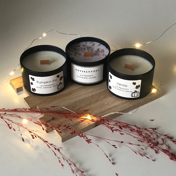 Duftkerze aus Rapswachs mit Holzdocht 90g | Herbst Herbstkerze Pumpkin Pie Spice Kürbis Vanille Lavendel Weihnachten Geschenk Geburtstag
