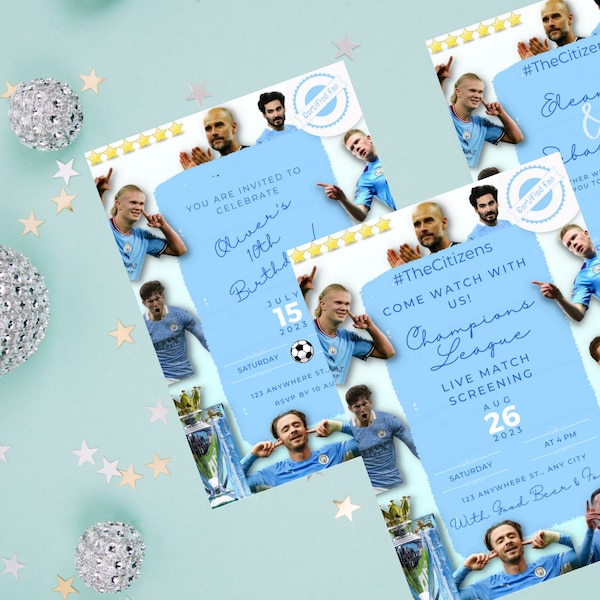 Manchester City Party Invite Manchester City Birthday Invitation Manchester City Wedding Invitation for Football Match Manchester City Theme